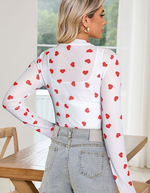 Cargar imagen en el visor de la galería, White Heart Print Mesh Long Sleeve Top
