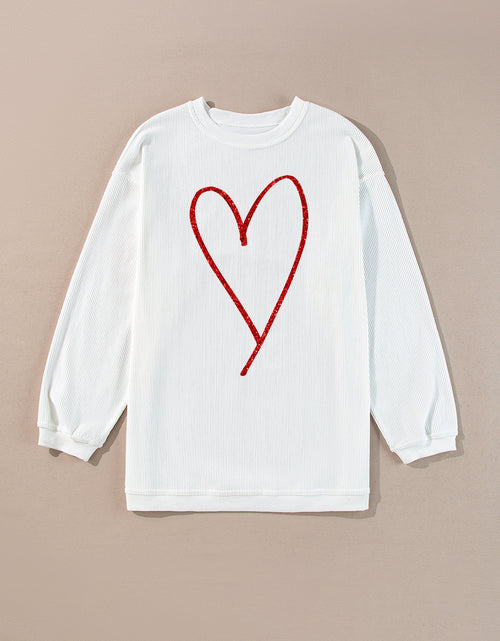 Cargar imagen en el visor de la galería, White Glitter Heart Print Corded Graphic Pullover Sweatshirt
