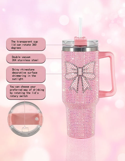 Load image into Gallery viewer, Pink Sweet Rhinestone Bow Tumbler Cup with Straw and Handle
