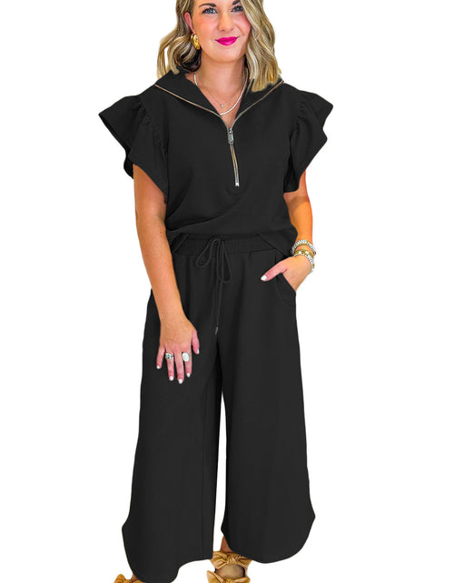 Bild in Galerie-Viewer laden, Pink Textured Ruffle Sleeve Zipped Top and Wide Leg Pants Set
