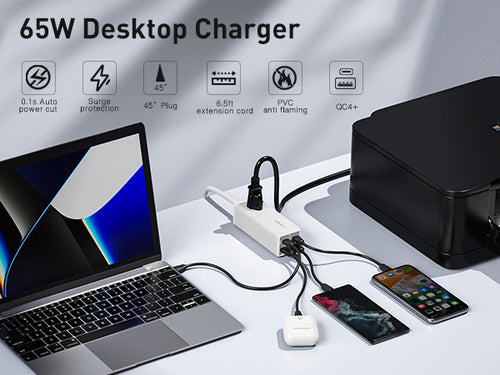 Cargar imagen en el visor de la galería, USB C Charger, MANTO 65W 5-in-1 GaN USB Charging Station, Super Fast Charger with 2 USB C Ports, 2 USB Ports and 1 Outlet
