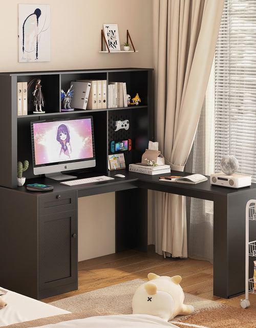 Load image into Gallery viewer, Writing desk with drawer bookshelf and charger, modern L-shaped desk with storage space, corner gaming computer desk
