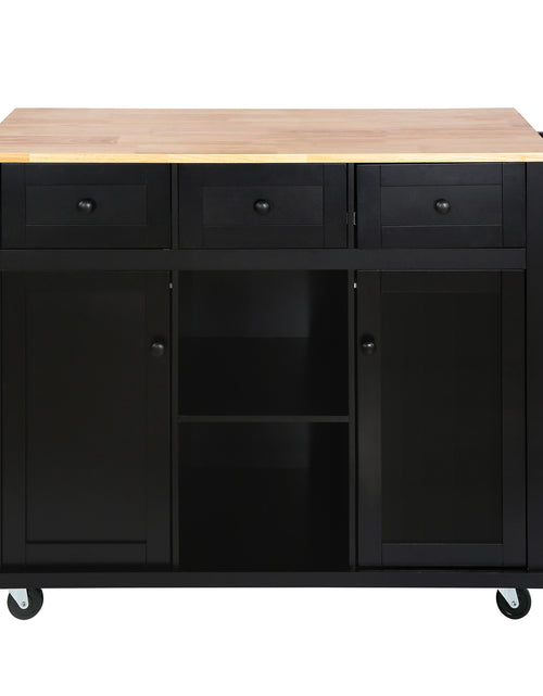 Load image into Gallery viewer, Kitchen trolley with rubber wood leaf countertop, 5-wheel kitchen island, storage cabinet and 3 dining drawers, black
