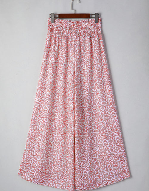 Load image into Gallery viewer, Pink Floral Shirred Side Slit Wide Leg Pants
