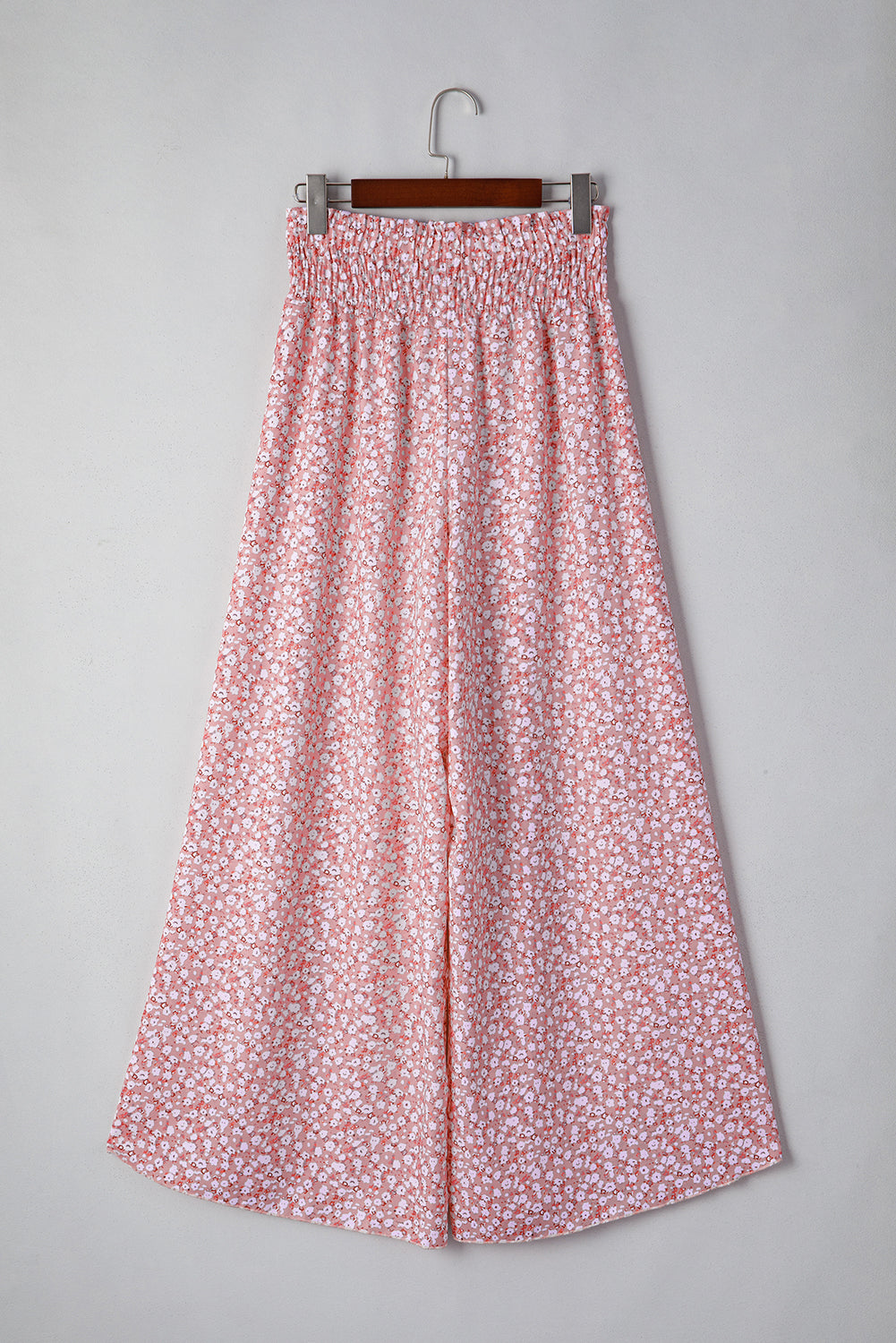 Pink Floral Shirred Side Slit Wide Leg Pants