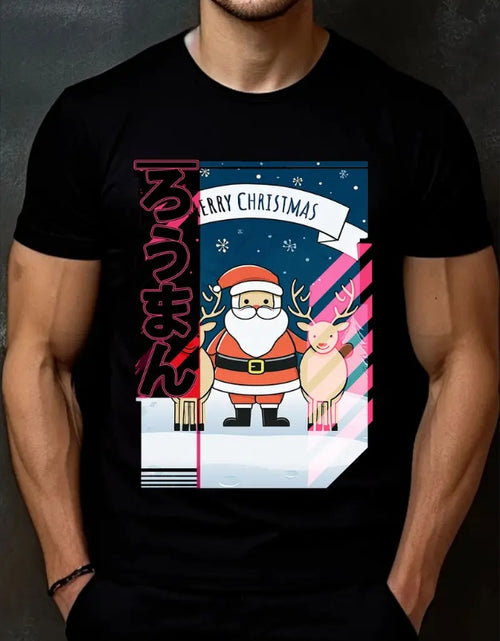 Bild in Galerie-Viewer laden, Weihnachts-T-Shirt für Herren, kurzärmliges T-Shirt mit Rundhalsausschnitt, lässiger Streetstyle mit digitalem Weihnachtsmann- und Rentierdruck, gerippte Details, normale Passform für alle Jahreszeiten
