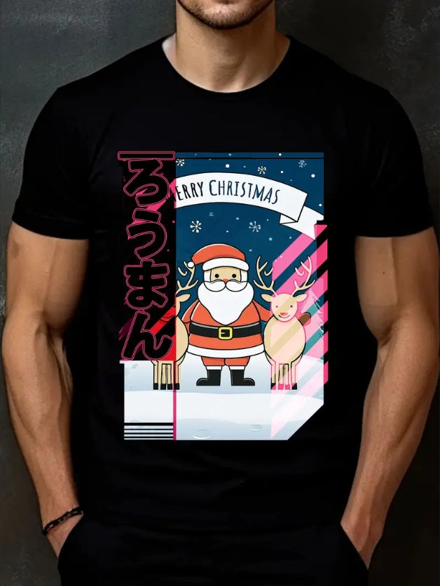 Weihnachts-T-Shirt für Herren, kurzärmliges T-Shirt mit Rundhalsausschnitt, lässiger Streetstyle mit digitalem Weihnachtsmann- und Rentierdruck, gerippte Details, normale Passform für alle Jahreszeiten