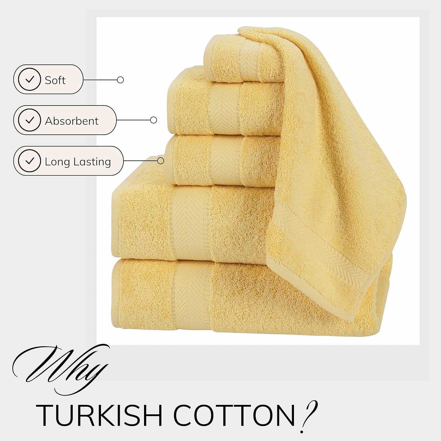 100% Turkish Cotton 6 Piece Luxury Towel Set for Bathroom & Kitchen, Thick & Super Soft & Highly Absorbent & Quick Dry ( 2 Bath Towels, 2 Hand Towels, 2 Washcloths )- Yellow