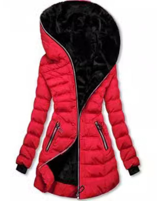 Load image into Gallery viewer, Women&#39;s cotton clothing hooded long sleeved warm and plush cotton clothing winter mid to long zipper jacket
