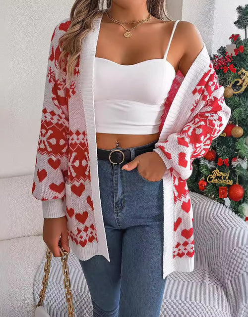 Load image into Gallery viewer, Christmas Clothes Women&#39;s Open Front Cardigan Knitwear Lantern Sleeve Xmas Printed Oversized Deer Sweater Pockets Knitted
