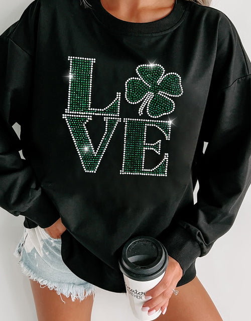 Load image into Gallery viewer, Black St Patricks Day Rhinestone LOVE Letter Graphic Crewneck Sweatshirt
