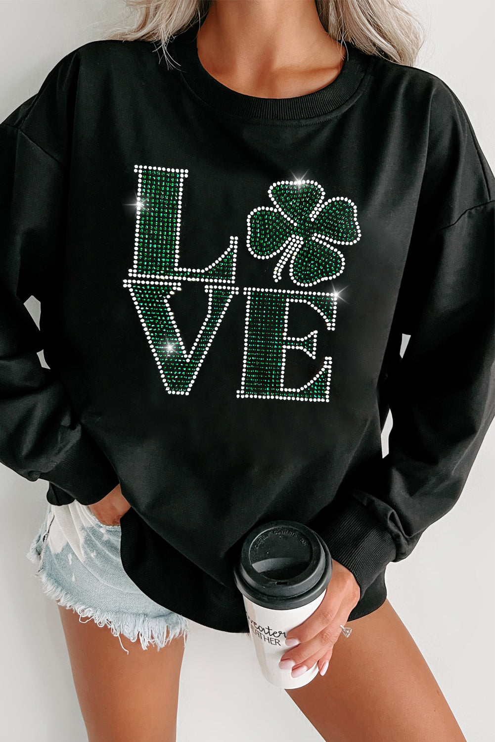 Black St Patricks Day Rhinestone LOVE Letter Graphic Crewneck Sweatshirt