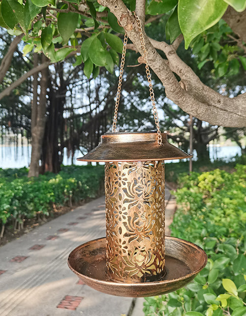 Load image into Gallery viewer, Outdoor solar powered lamp metal hanging bird feeder feeding and watering dual-purpose bird feeder decorative lamp

