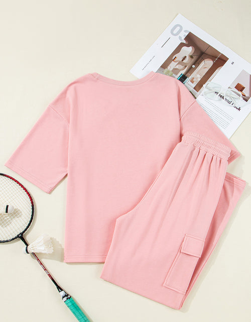 Load image into Gallery viewer, Apricot Pink Half Sleeve T-Shirt &amp; Cargo Sweatpants Set
