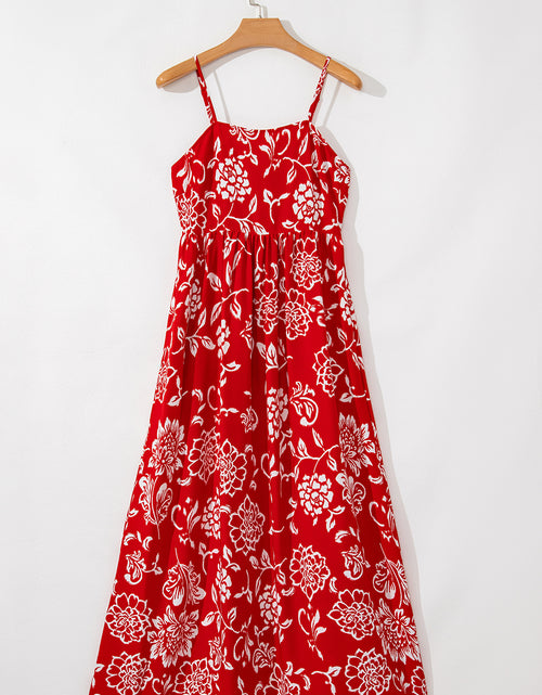 Load image into Gallery viewer, Red Floral Print Spaghetti Strap Empire Waist Maxi Dress
