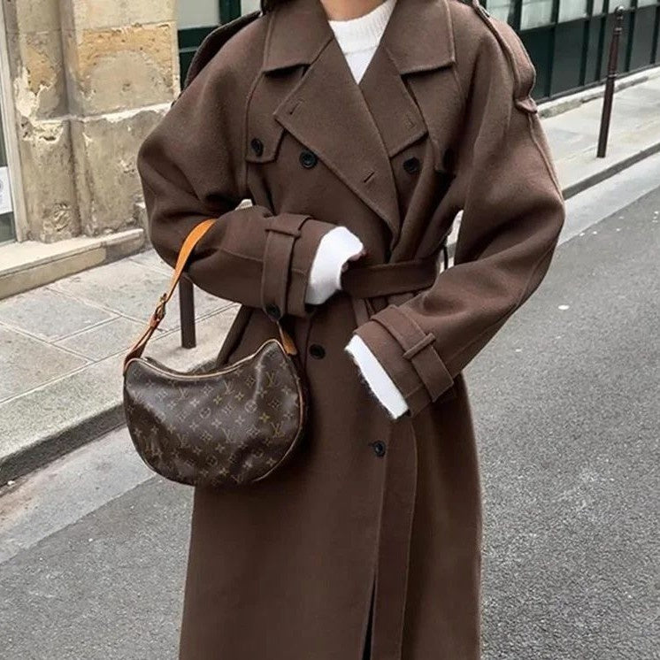 Abrigo grande de lana con cinturón de moda para mujer