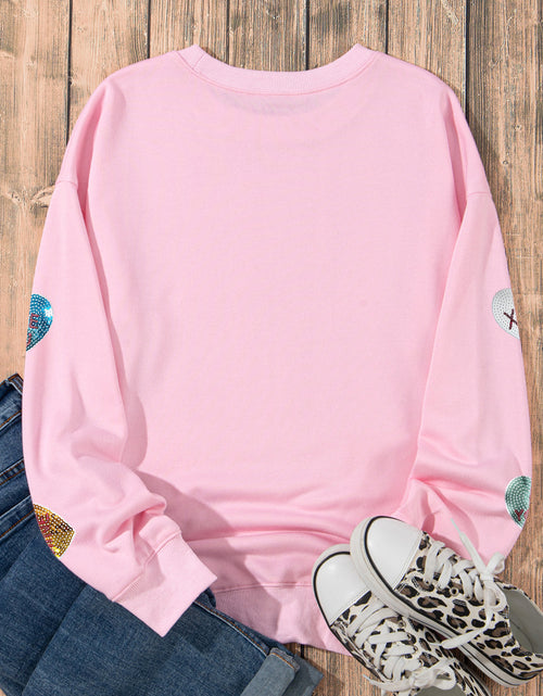 Load image into Gallery viewer, Pink Sequin Romantic Sweet Heart Graphic Valentines Sweatshirt

