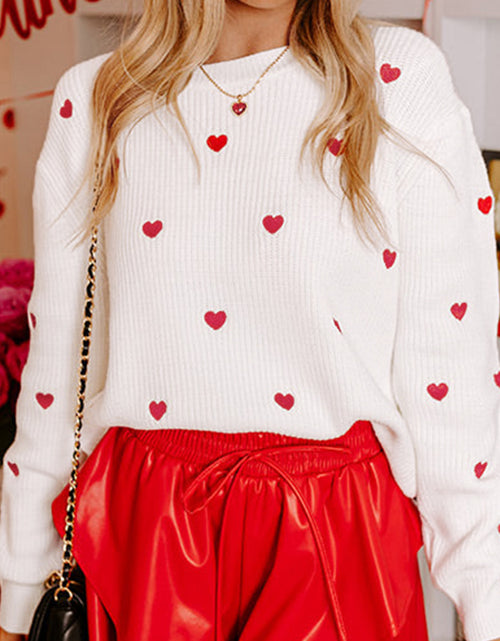 Load image into Gallery viewer, Rose Red Heart Pattern Drop Shoulder Round Neck Sweater
