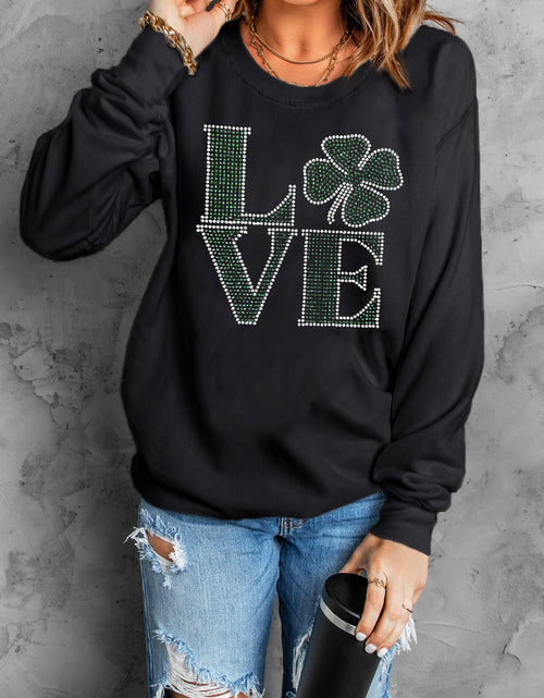 Load image into Gallery viewer, Black St Patricks Day Rhinestone LOVE Letter Graphic Crewneck Sweatshirt
