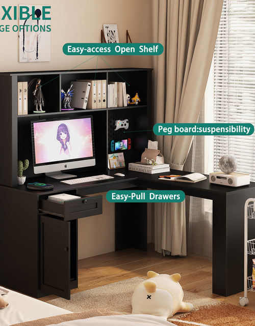 Load image into Gallery viewer, Writing desk with drawer bookshelf and charger, modern L-shaped desk with storage space, corner gaming computer desk
