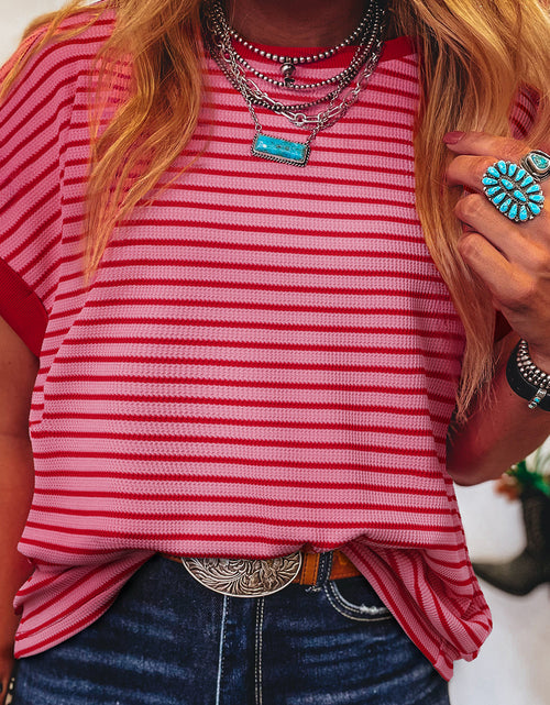 Load image into Gallery viewer, Pink Stripe Knitted Round Neck T Shirt
