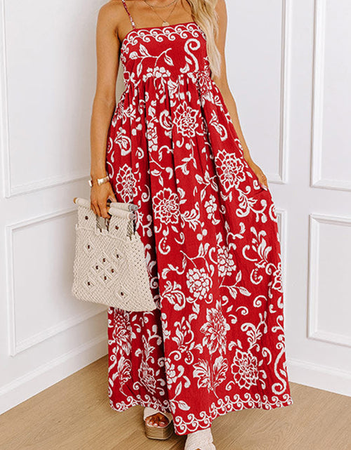 Load image into Gallery viewer, Red Floral Print Spaghetti Strap Empire Waist Maxi Dress
