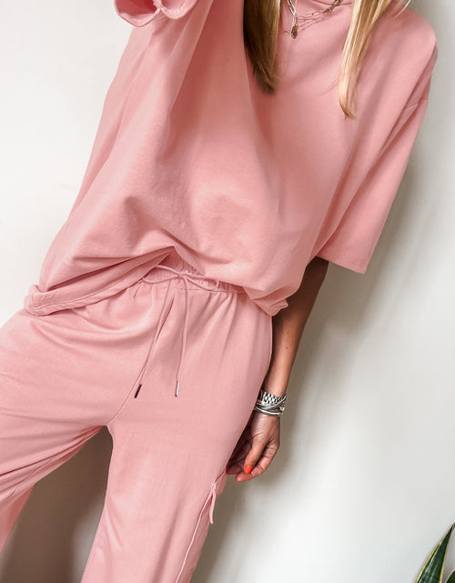 Load image into Gallery viewer, Apricot Pink Half Sleeve T-Shirt &amp; Cargo Sweatpants Set
