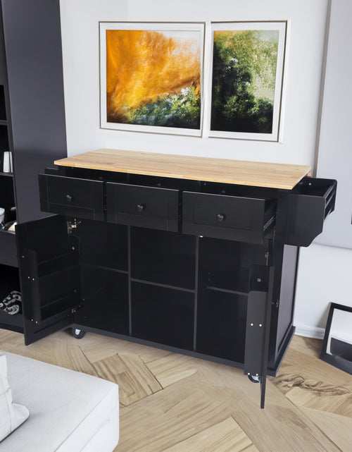Load image into Gallery viewer, Kitchen trolley with rubber wood leaf countertop, 5-wheel kitchen island, storage cabinet and 3 dining drawers, black

