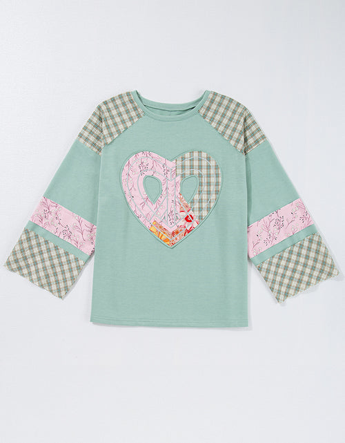 Load image into Gallery viewer, Beige Plaid Floral Patchwork Heart Long Sleeve Top
