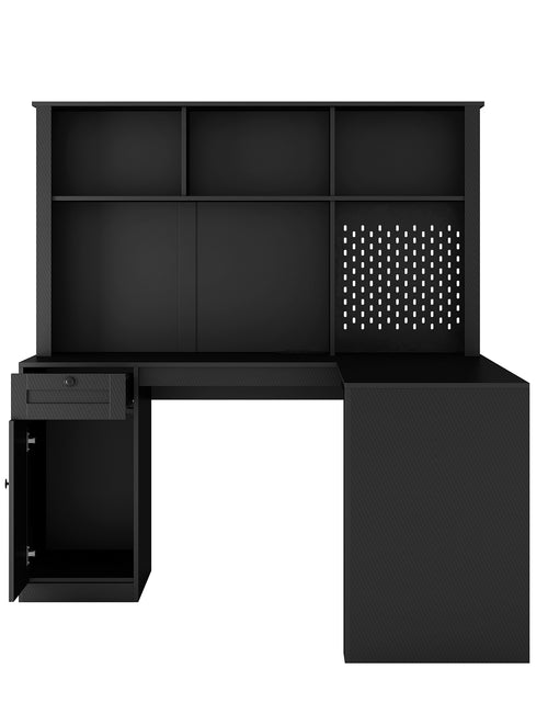 Load image into Gallery viewer, Writing desk with drawer bookshelf and charger, modern L-shaped desk with storage space, corner gaming computer desk
