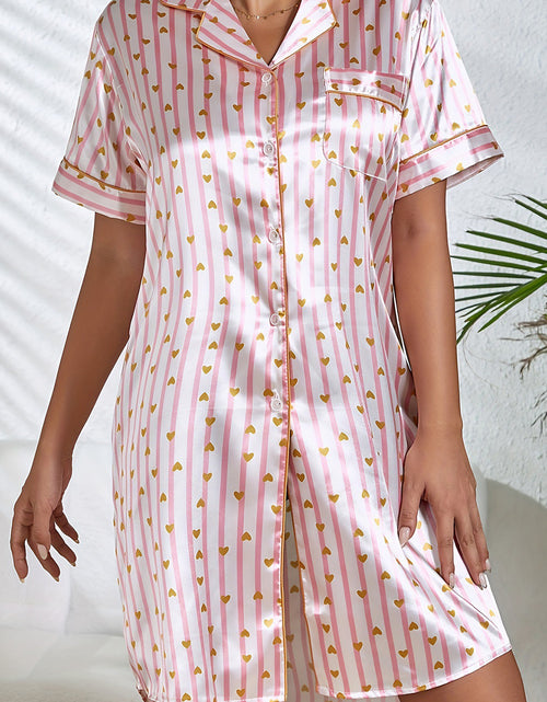 Bild in Galerie-Viewer laden, Pink Heart Print Striped Short Sleeve Button Up Pajama Dress
