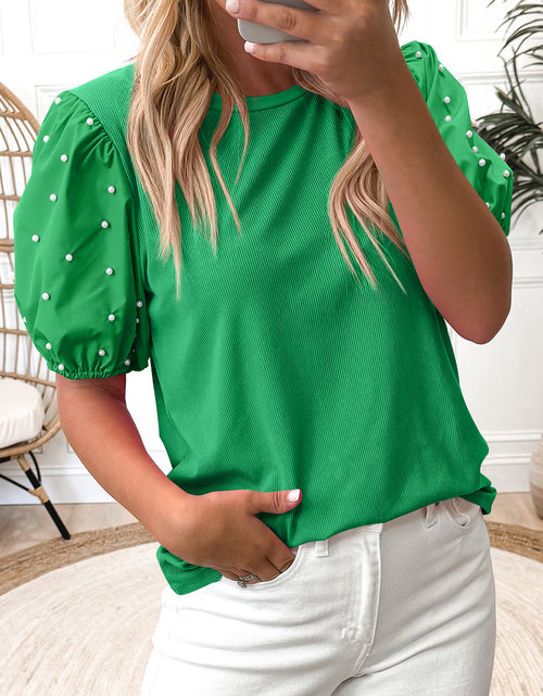 Load image into Gallery viewer, Bright Pink Pearl Beaded Puff Sleeve Ribbed Top
