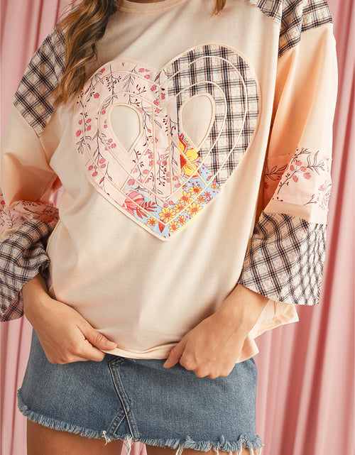 Load image into Gallery viewer, Beige Plaid Floral Patchwork Heart Long Sleeve Top
