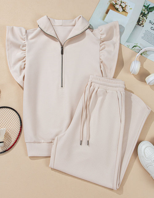 Bild in Galerie-Viewer laden, Pink Textured Ruffle Sleeve Zipped Top and Wide Leg Pants Set
