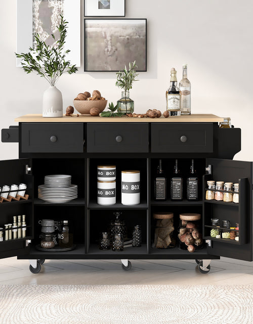 Load image into Gallery viewer, Kitchen trolley with rubber wood leaf countertop, 5-wheel kitchen island, storage cabinet and 3 dining drawers, black
