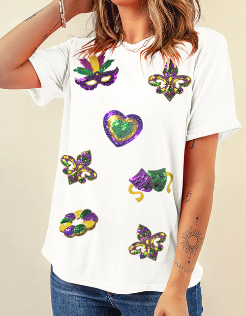 Load image into Gallery viewer, White Sequined Mardi Gras Symbolic Pattern Casual Tee

