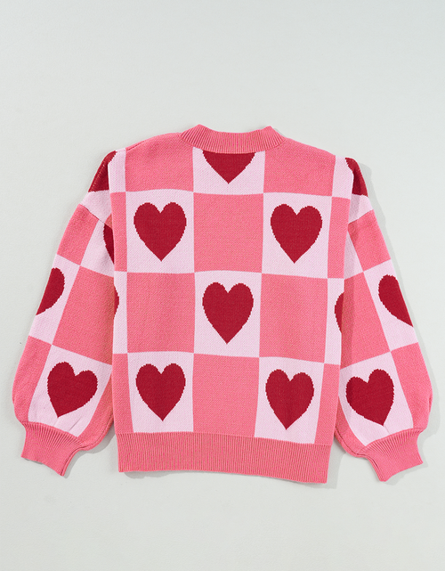 Cargar imagen en el visor de la galería, Pink Love Heart Checkered Valentine Knit Sweater

