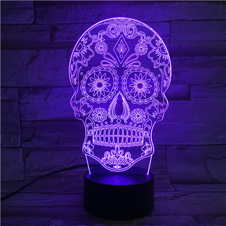 Luz nocturna 3D con forma de calavera y flores