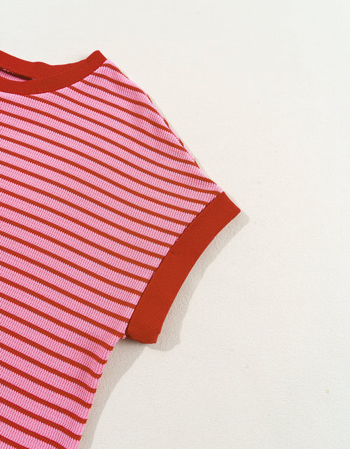 Load image into Gallery viewer, Pink Stripe Knitted Round Neck T Shirt
