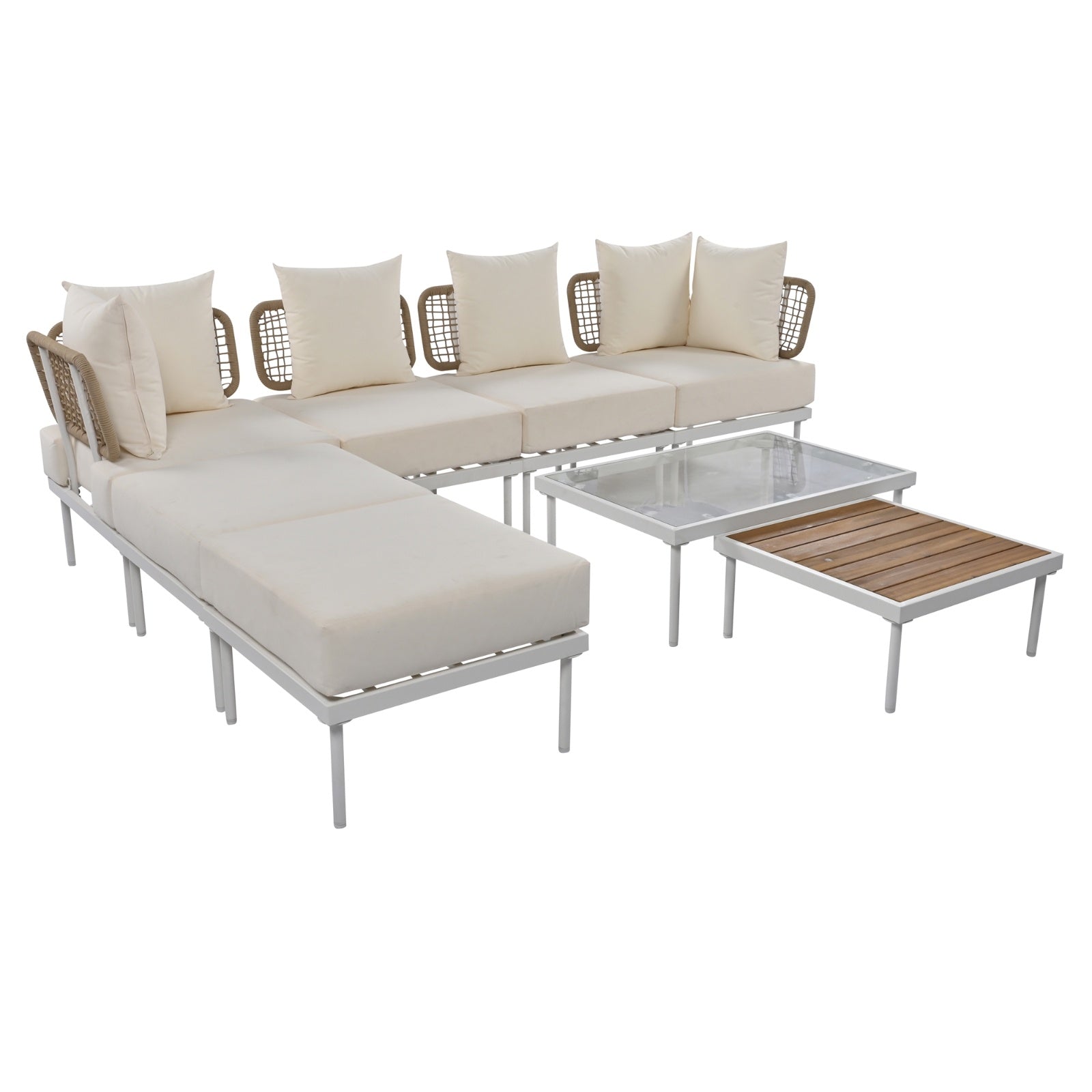 TREXM 8-Piece Patio Sectional Sofa Set With Tempered Glass Coffee Table And Wooden Coffee Table For