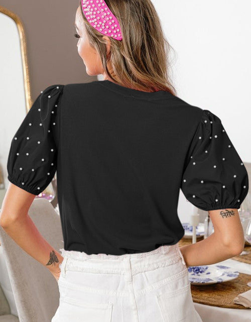 Load image into Gallery viewer, Bright Pink Pearl Beaded Puff Sleeve Ribbed Top
