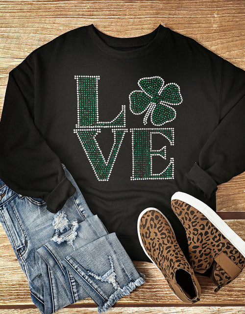 Load image into Gallery viewer, Black St Patricks Day Rhinestone LOVE Letter Graphic Crewneck Sweatshirt
