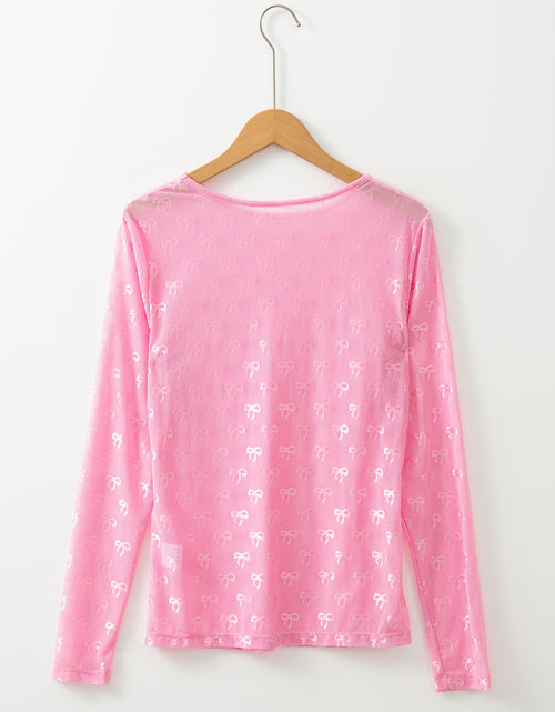 Load image into Gallery viewer, Pink Bow Pattern Long Sleeve Slim Fit Mesh Top
