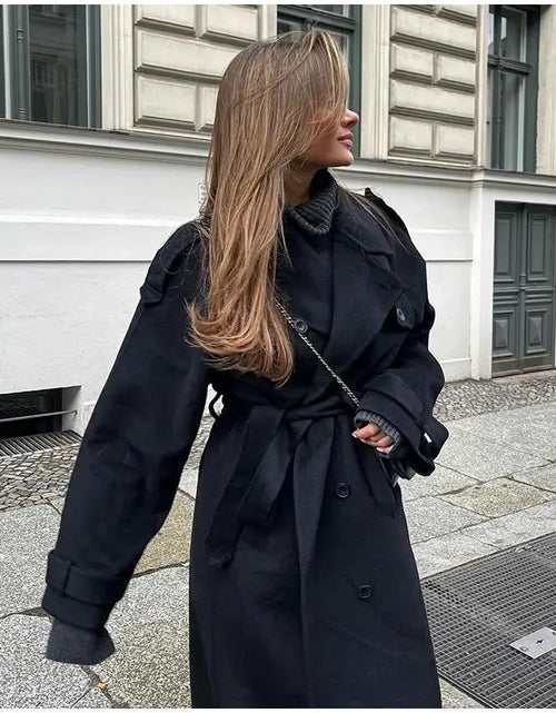 Cargar imagen en el visor de la galería, Abrigo grande de lana con cinturón de moda para mujer
