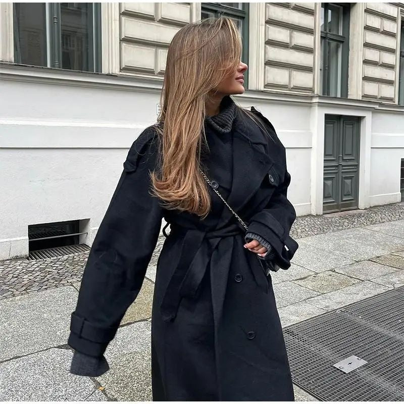 Abrigo grande de lana con cinturón de moda para mujer