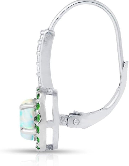 Load image into Gallery viewer, Sterling Silver Synthetic White Opal &amp; Simulated Gemstone round Halo Leverback Earrings
