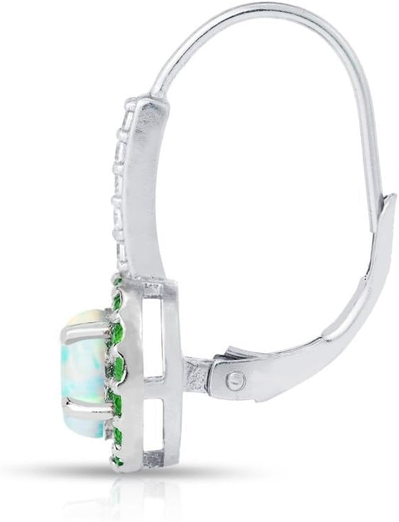 Sterling Silver Synthetic White Opal & Simulated Gemstone round Halo Leverback Earrings