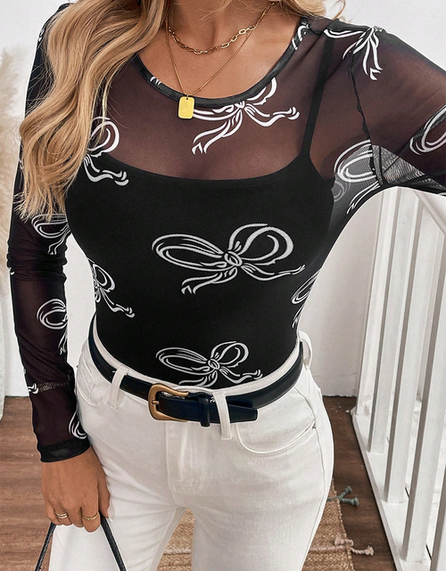 Load image into Gallery viewer, Black Bow Print Long Sleeve Mesh Top
