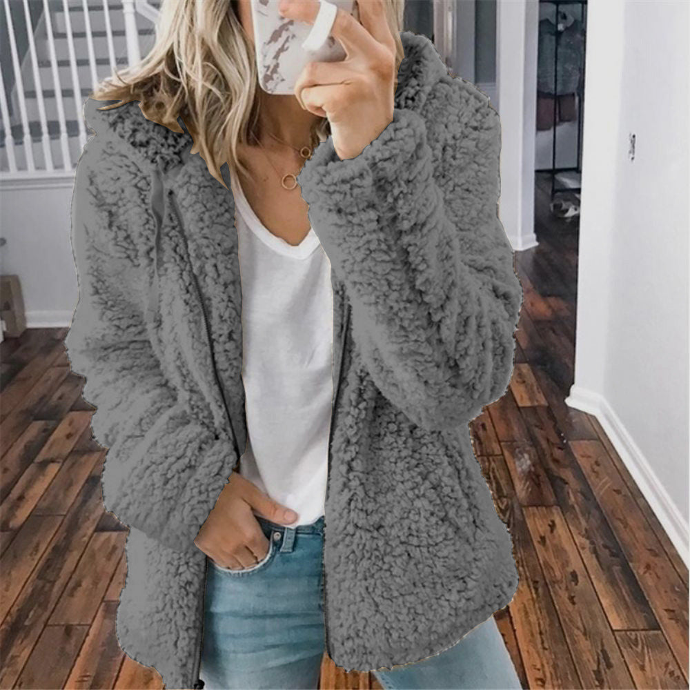 European and American women's hooded woolen autumn and winter top jacket