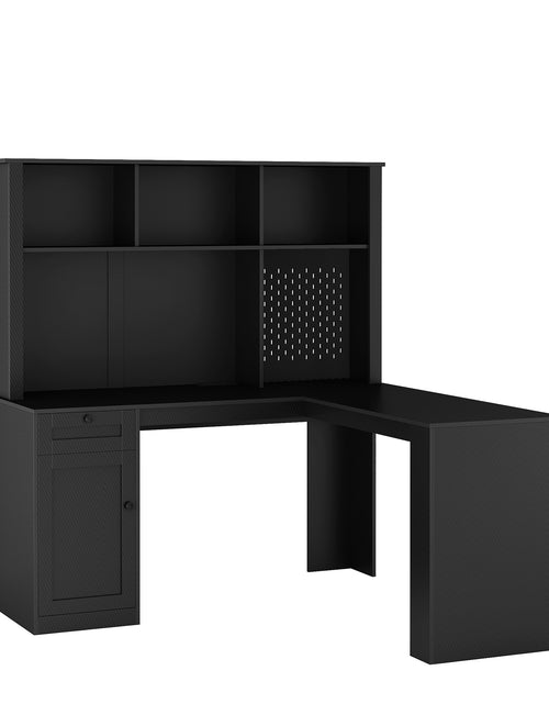 Load image into Gallery viewer, Writing desk with drawer bookshelf and charger, modern L-shaped desk with storage space, corner gaming computer desk
